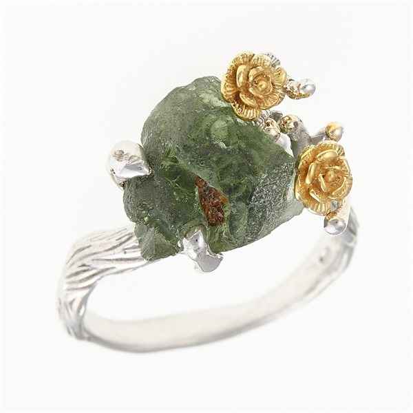 Silver ring with natural moldavite 24-005