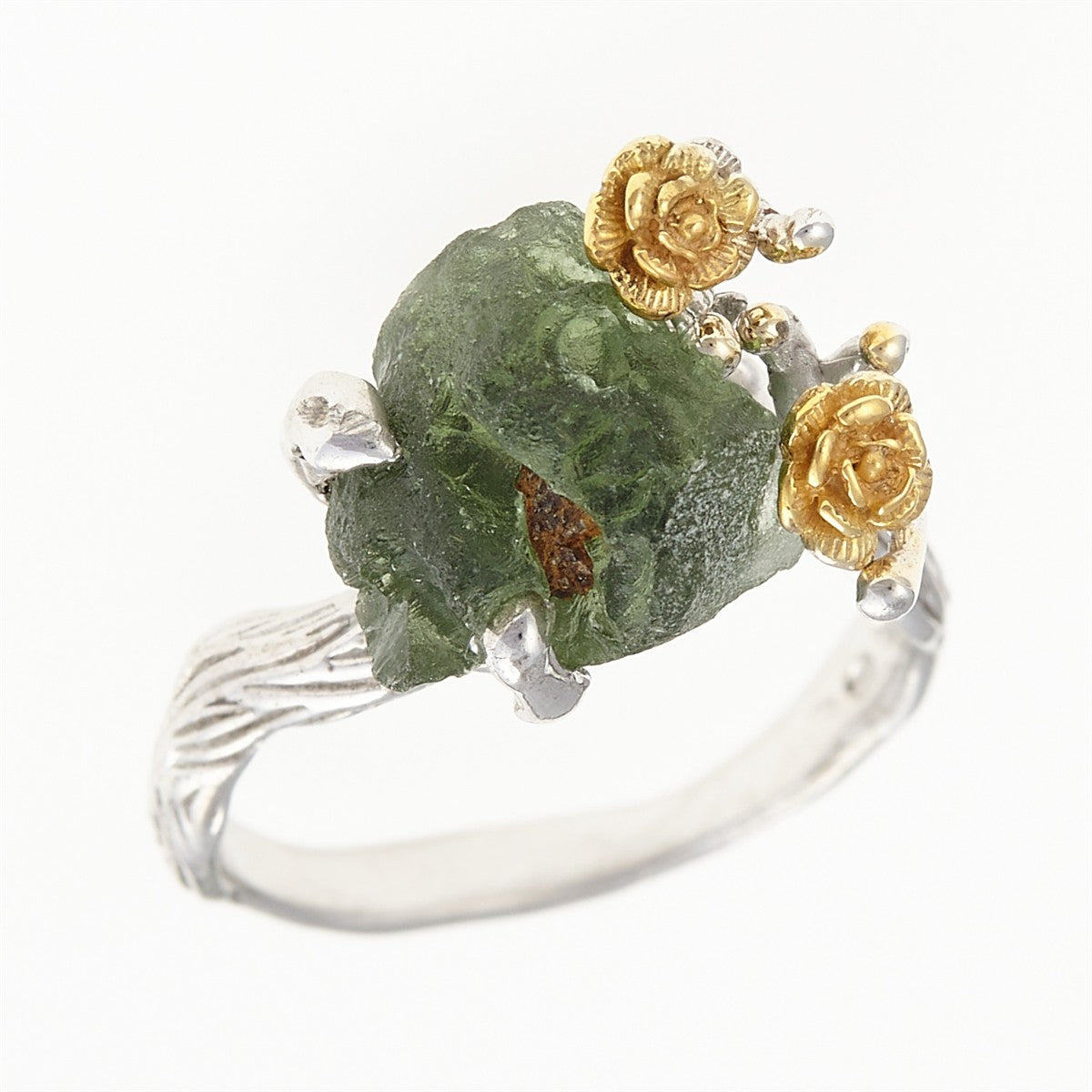 Silver ring with natural moldavite 24-005