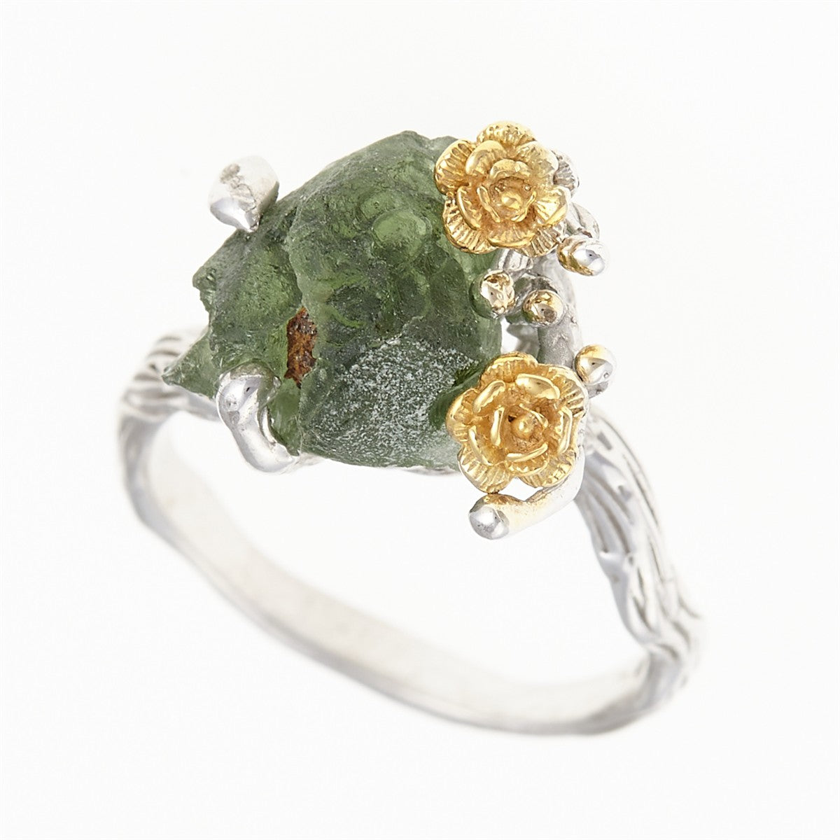 Silver ring with natural moldavite 24-005