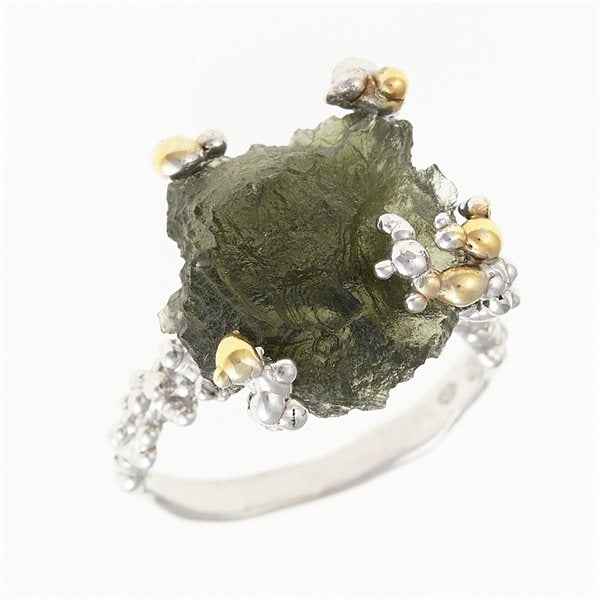 Silver ring with natural moldavite 9199