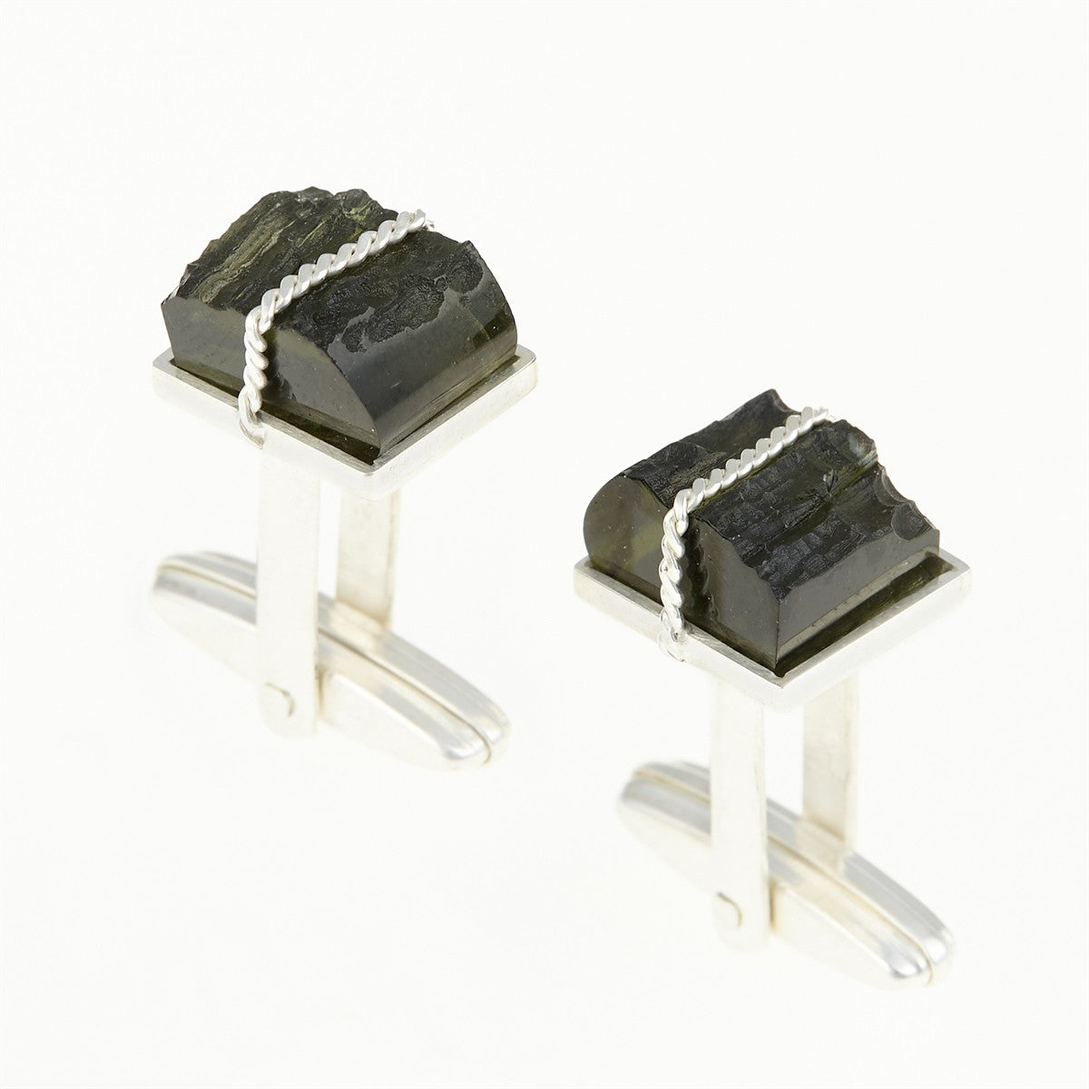 Silver cufflinks with natural moldavites MKU26-005