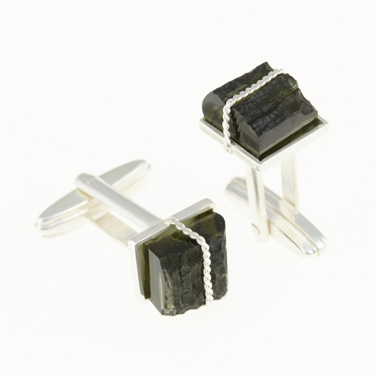 Silver cufflinks with natural moldavites MKU26-005