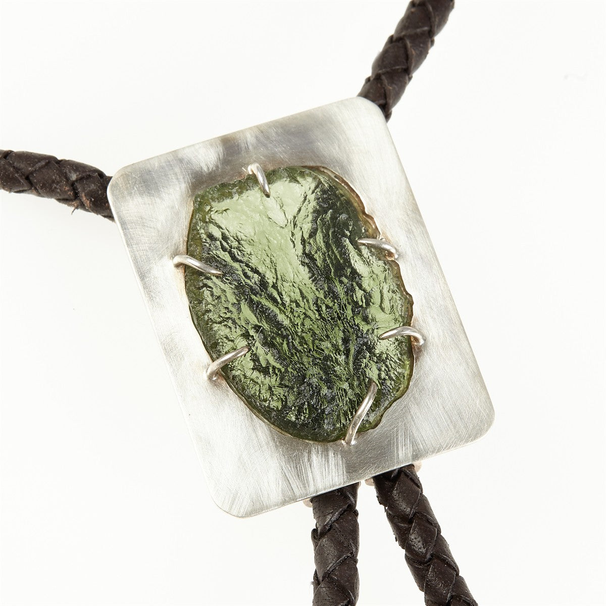 Silver bolo tie with natural moldavite MKUb01