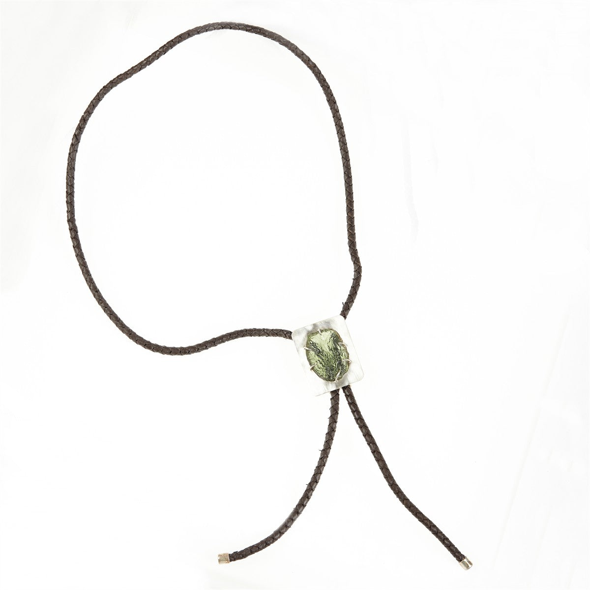 Silver bolo tie with natural moldavite MKUb01