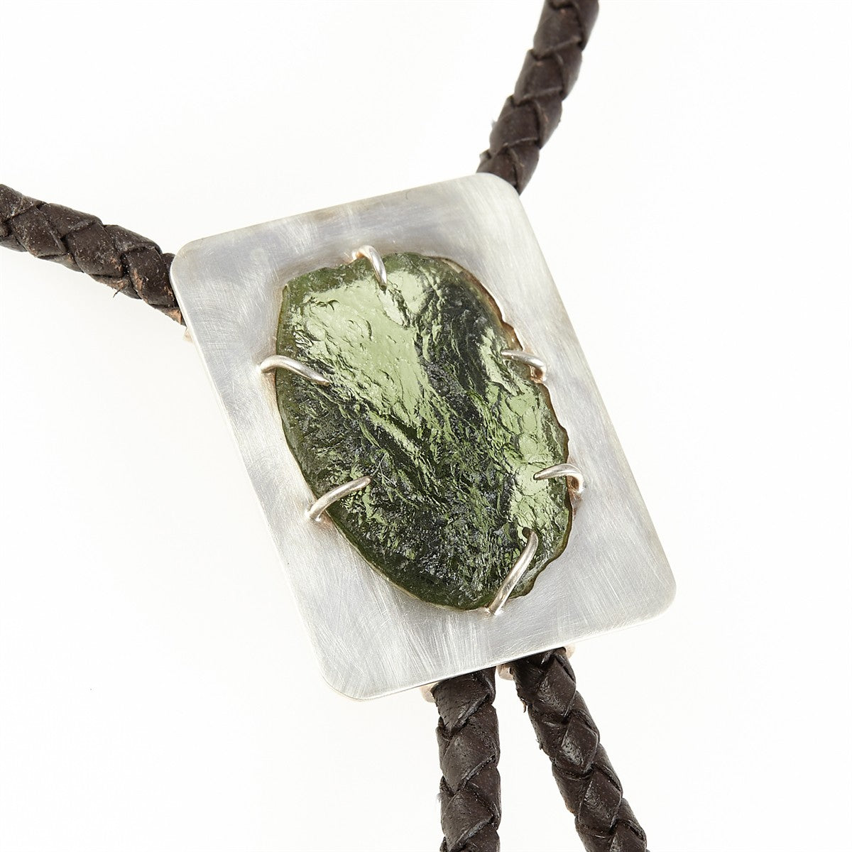 Silver bolo tie with natural moldavite MKUb01