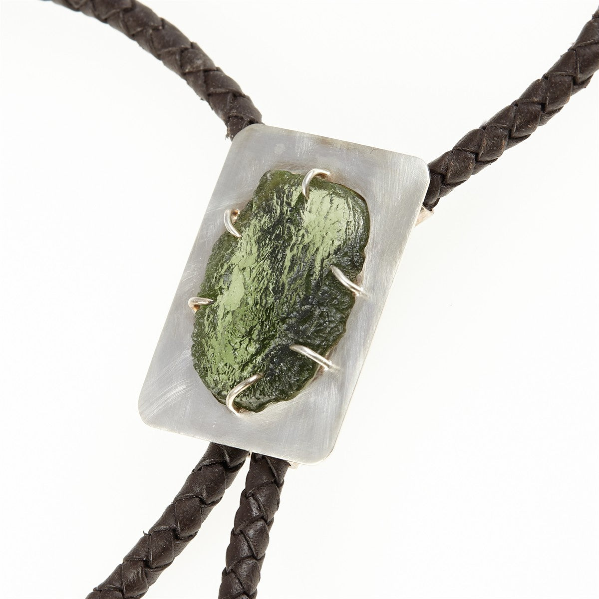 Silver bolo tie with natural moldavite MKUb01