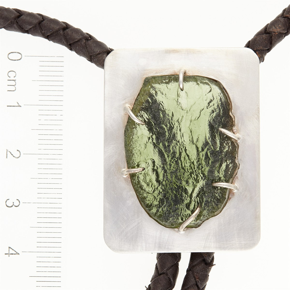 Silver bolo tie with natural moldavite MKUb01