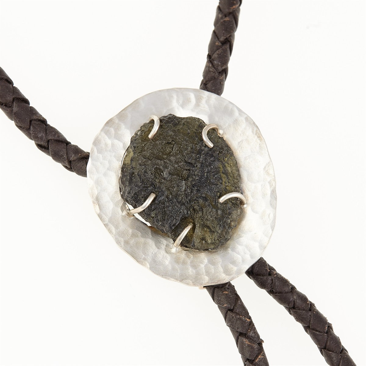 Silver bolo tie with natural moldavite MKUb02