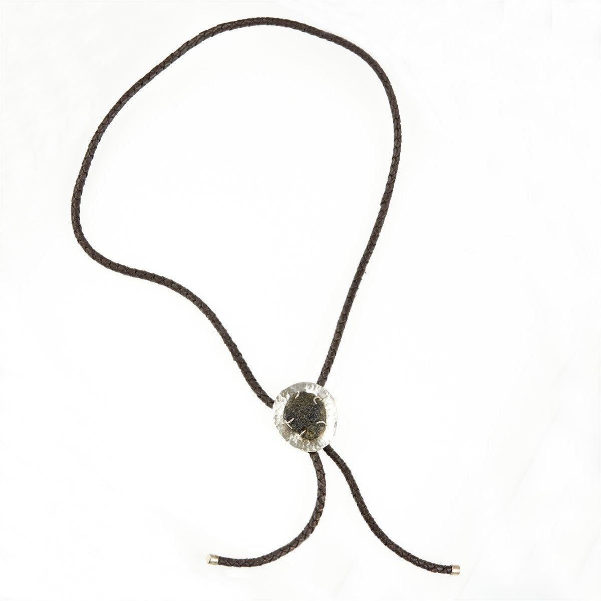 Silver bolo tie with natural moldavite MKUb02