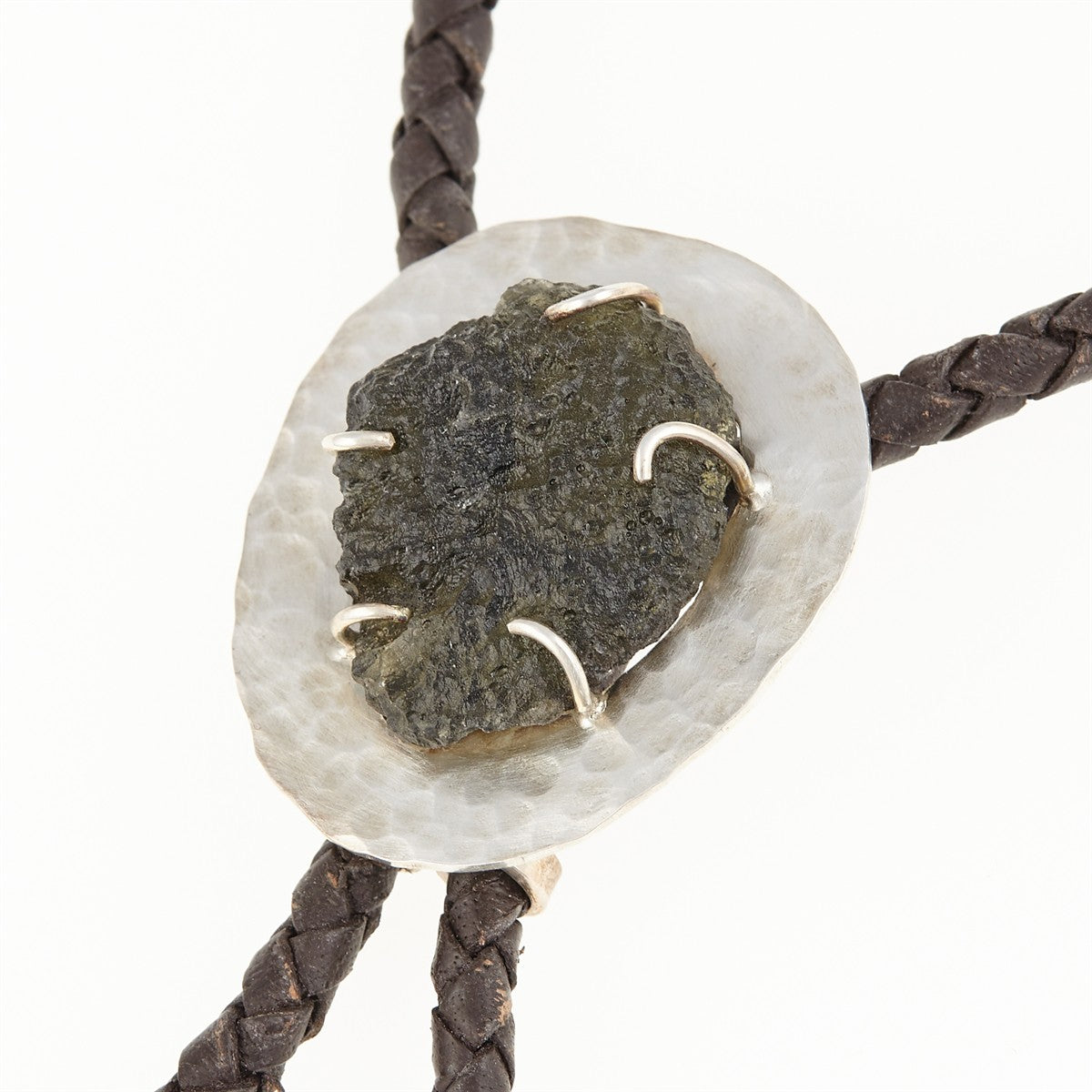 Silver bolo tie with natural moldavite MKUb02