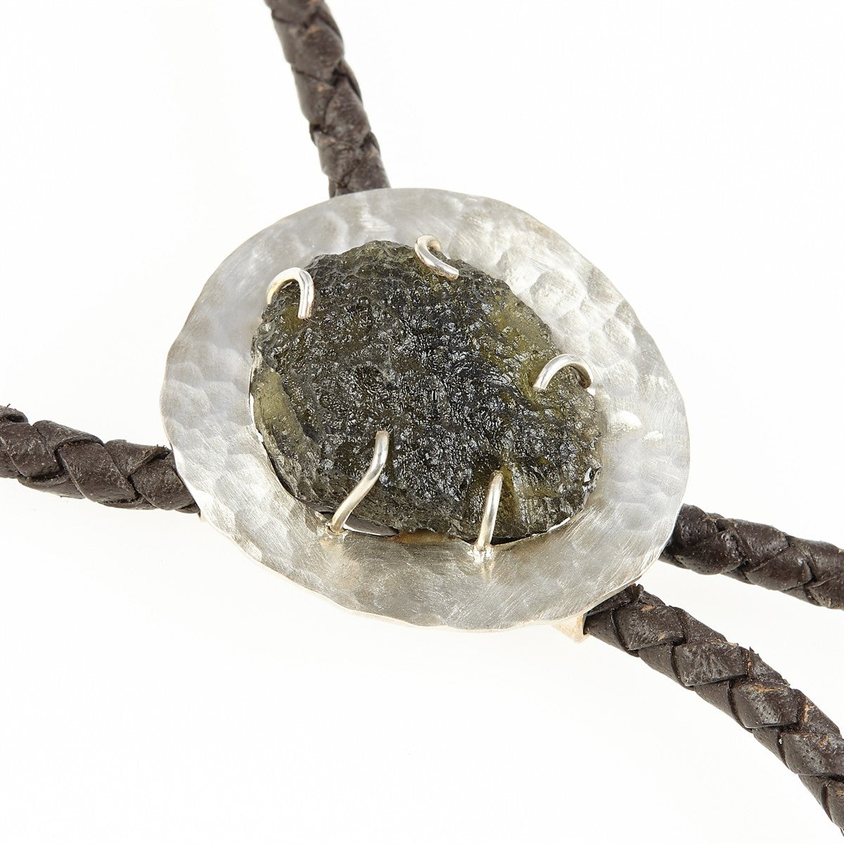 Silver bolo tie with natural moldavite MKUb02