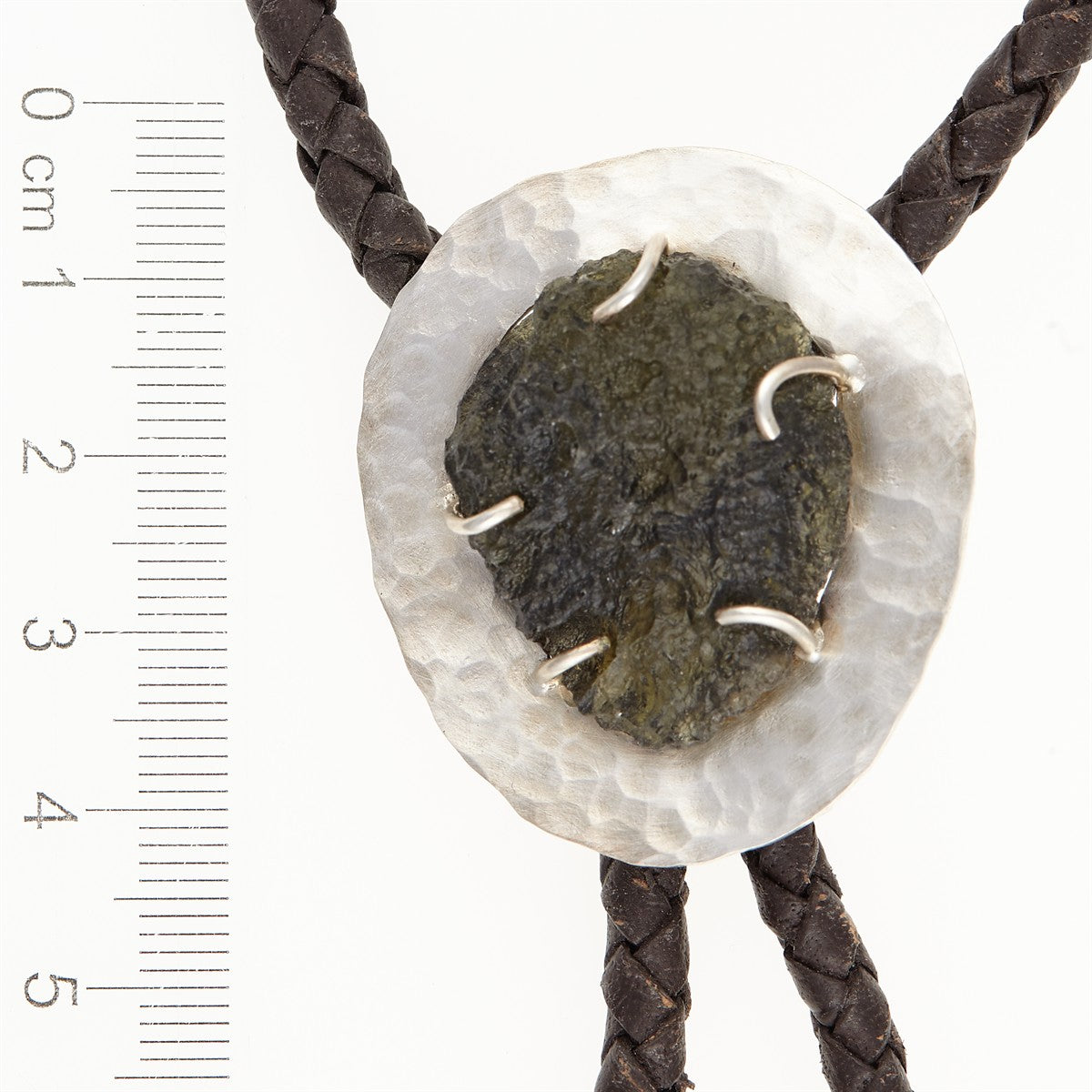 Silver bolo tie with natural moldavite MKUb02