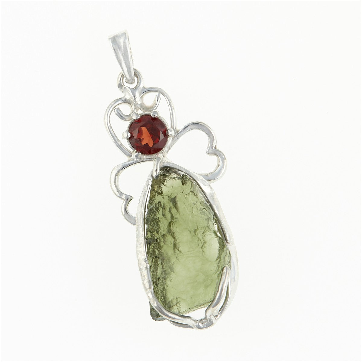 Silver pendant with moldavite and garnet - angel 26-109
