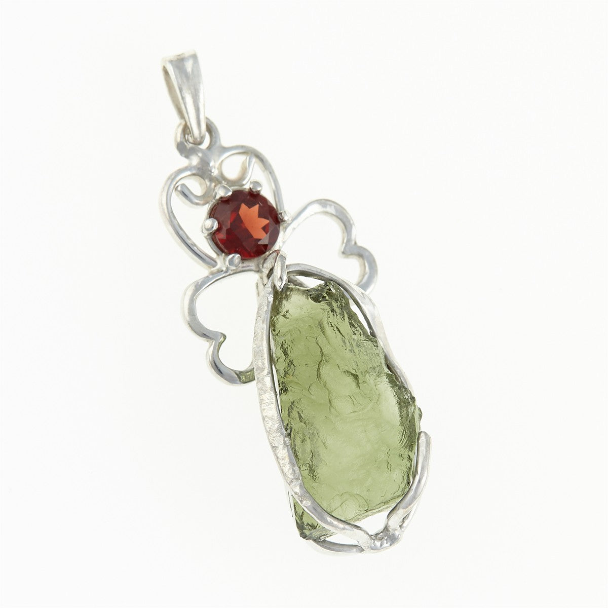 Silver pendant with moldavite and garnet - angel 26-109