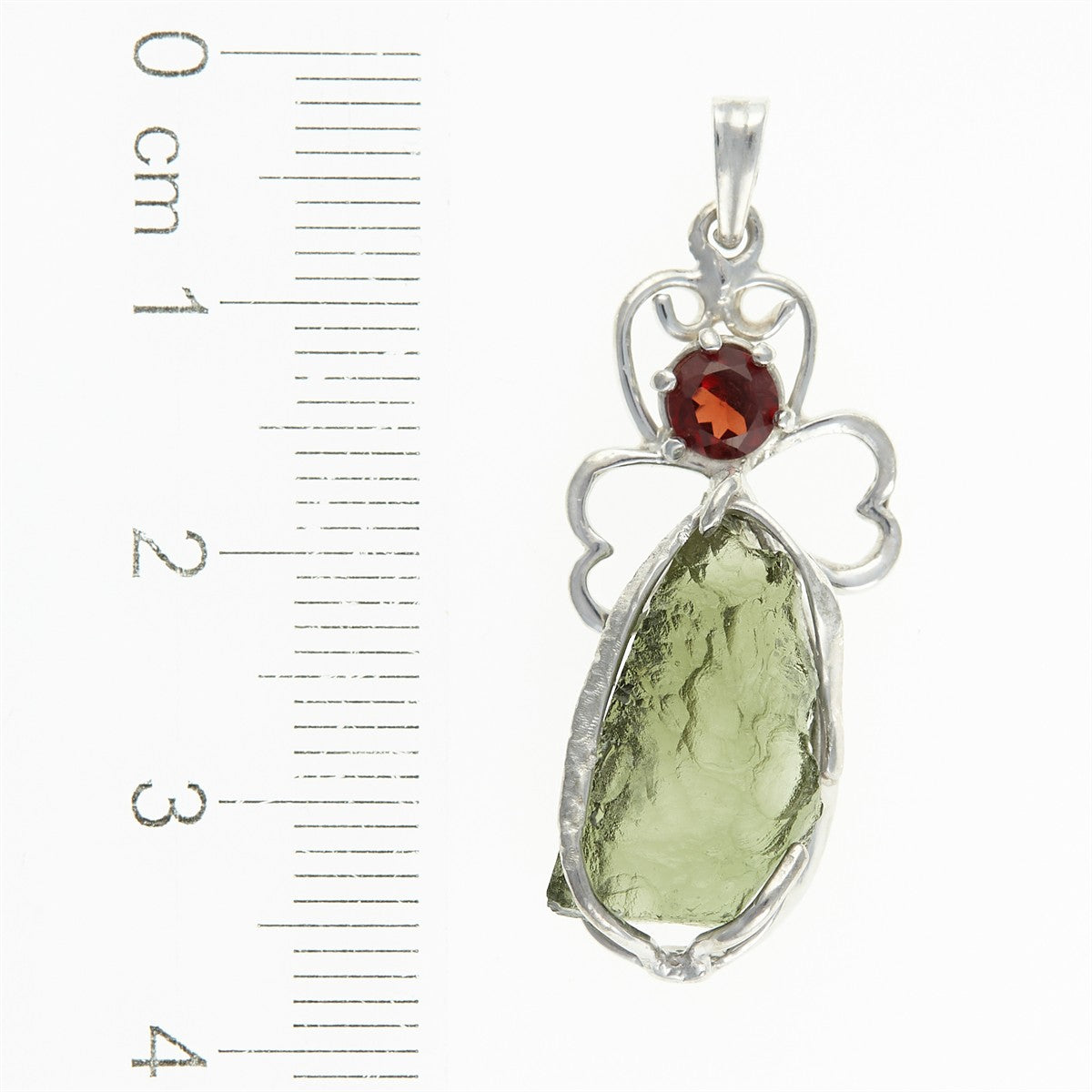 Silver pendant with moldavite and garnet - angel 26-109