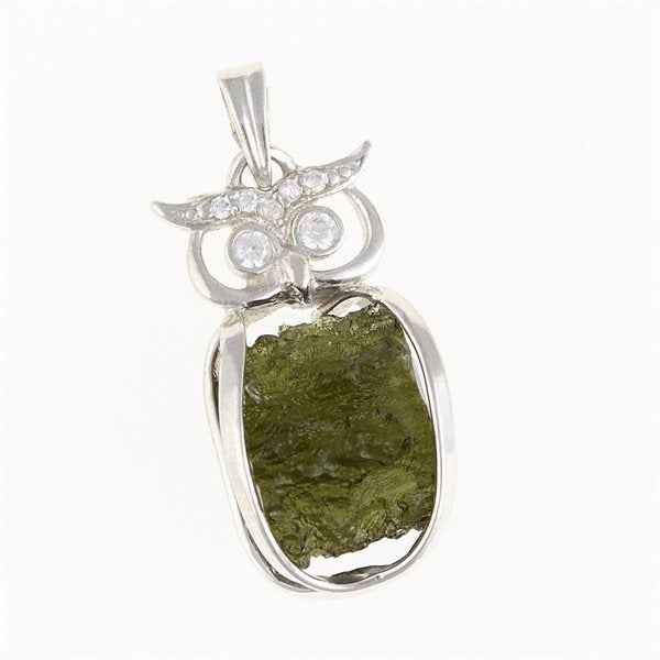 Ciondolo in argento con moldavite e zirconi - gufo 26-135A
