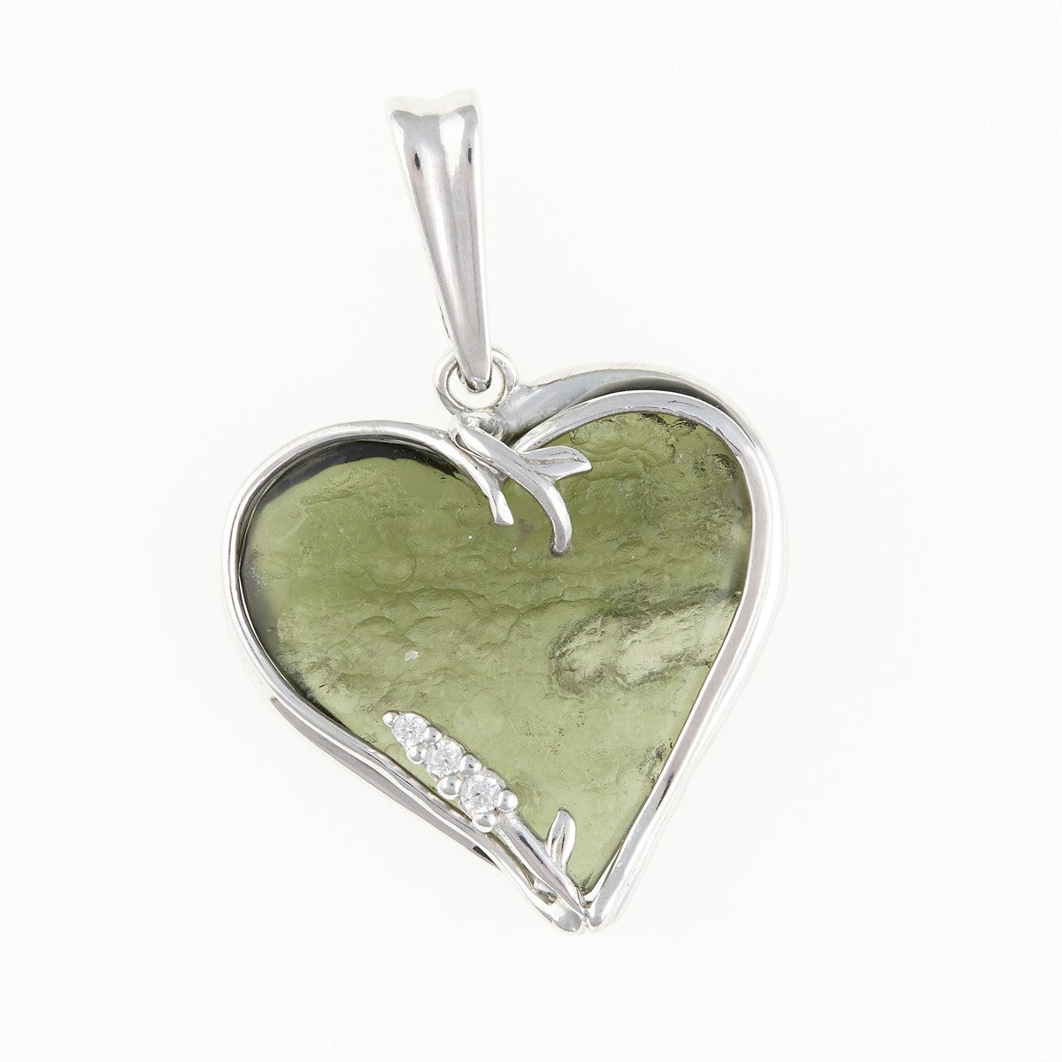 Silver pendant with a moldavite and zircon - heart - 26-199