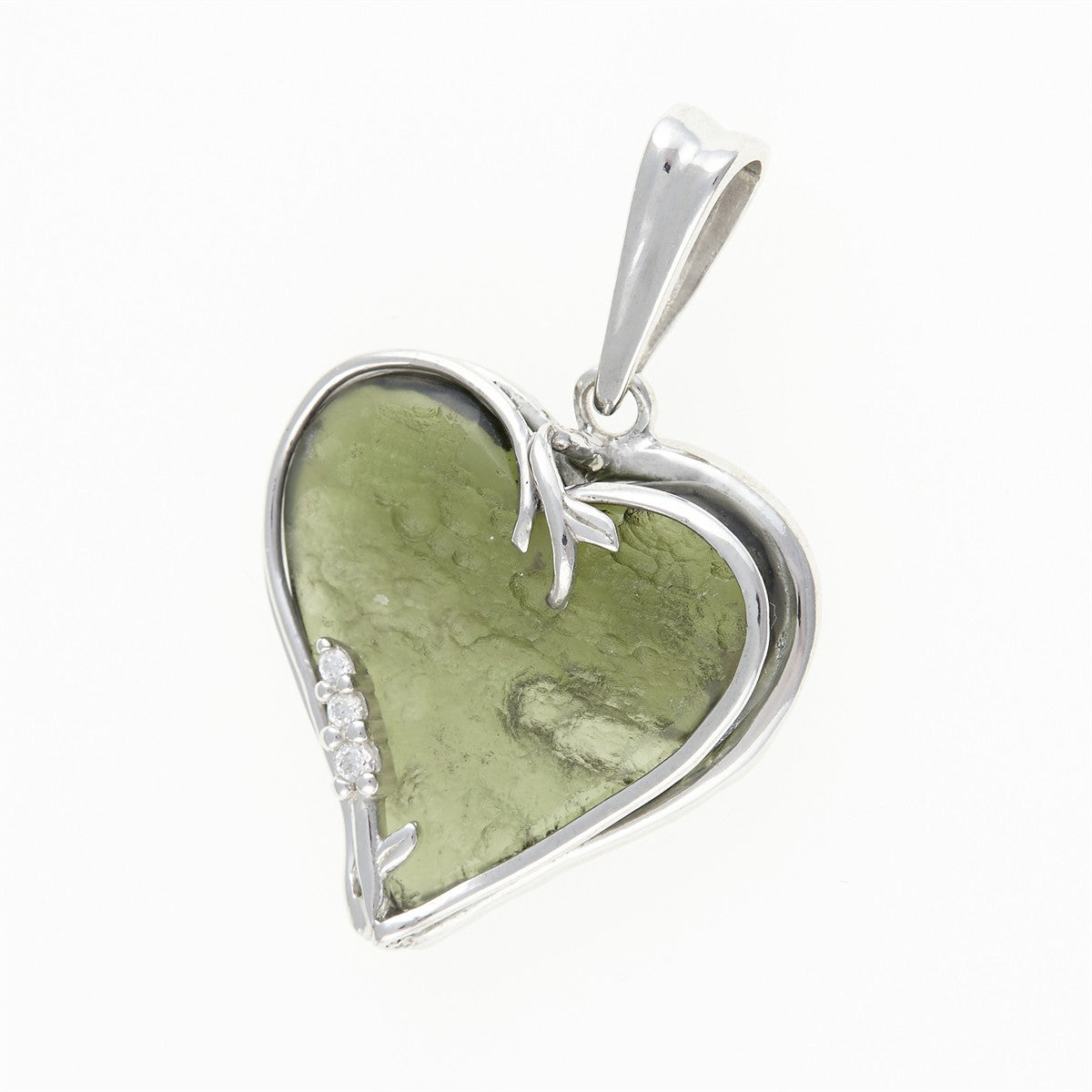 Silver pendant with a moldavite and zircon - heart - 26-199