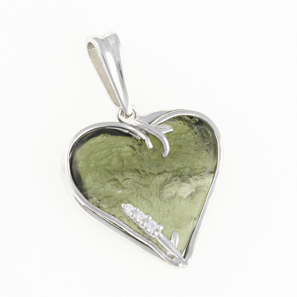 Silver pendant with a moldavite and zircon - heart - 26-199