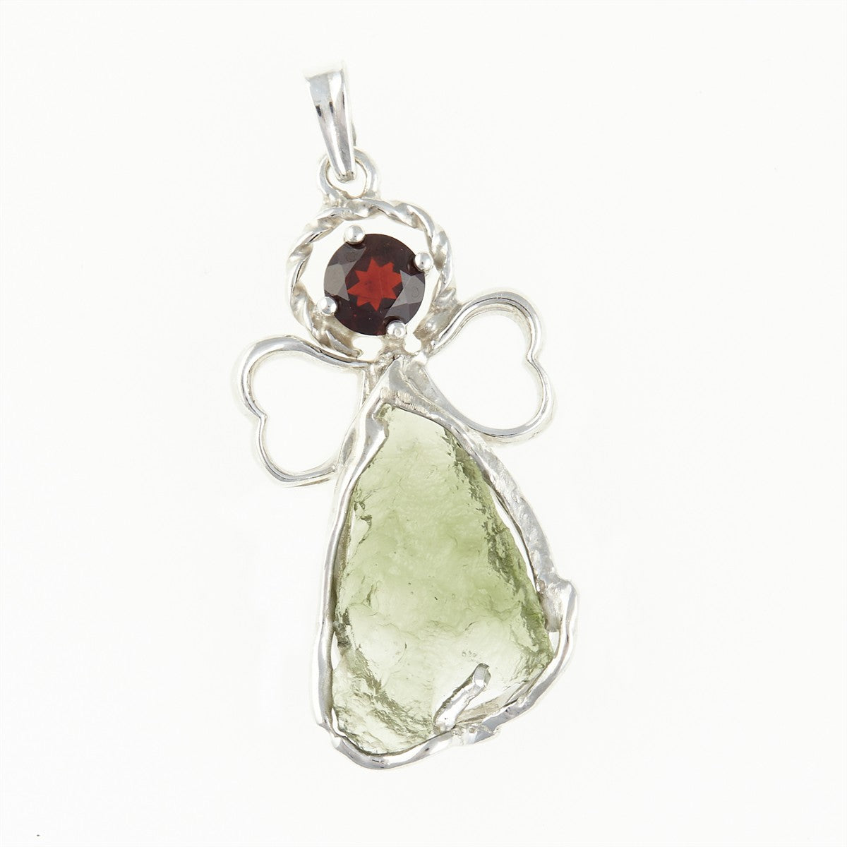 Silver pendant with moldavite and garnet - angel 26-218