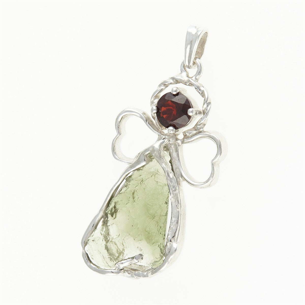 Silver pendant with moldavite and garnet - angel 26-218