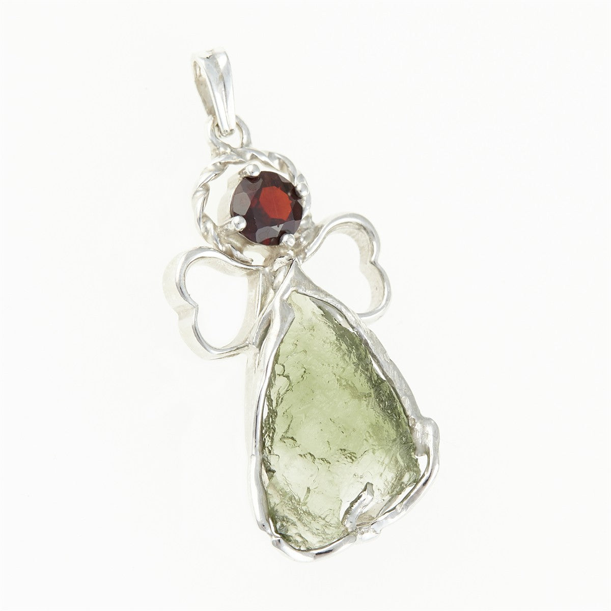 Silver pendant with moldavite and garnet - angel 26-218