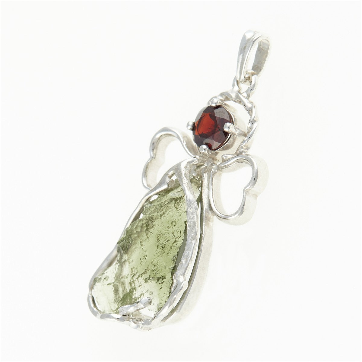 Silver pendant with moldavite and garnet - angel 26-218