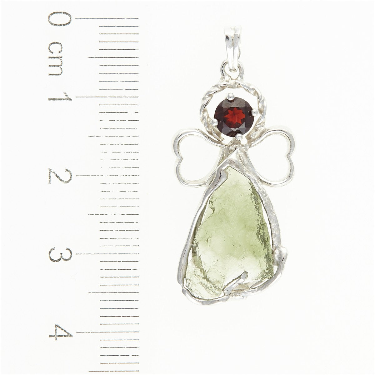 Silver pendant with moldavite and garnet - angel 26-218