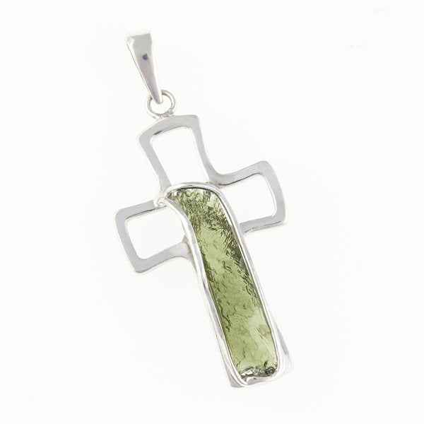 Ciondolo in argento con moldavite - croce - 26-231