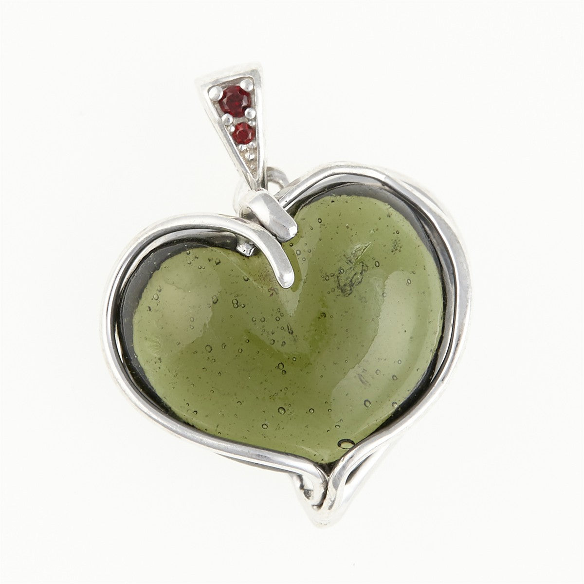 Silver pendant with moldavite and garnets - heart 26-257
