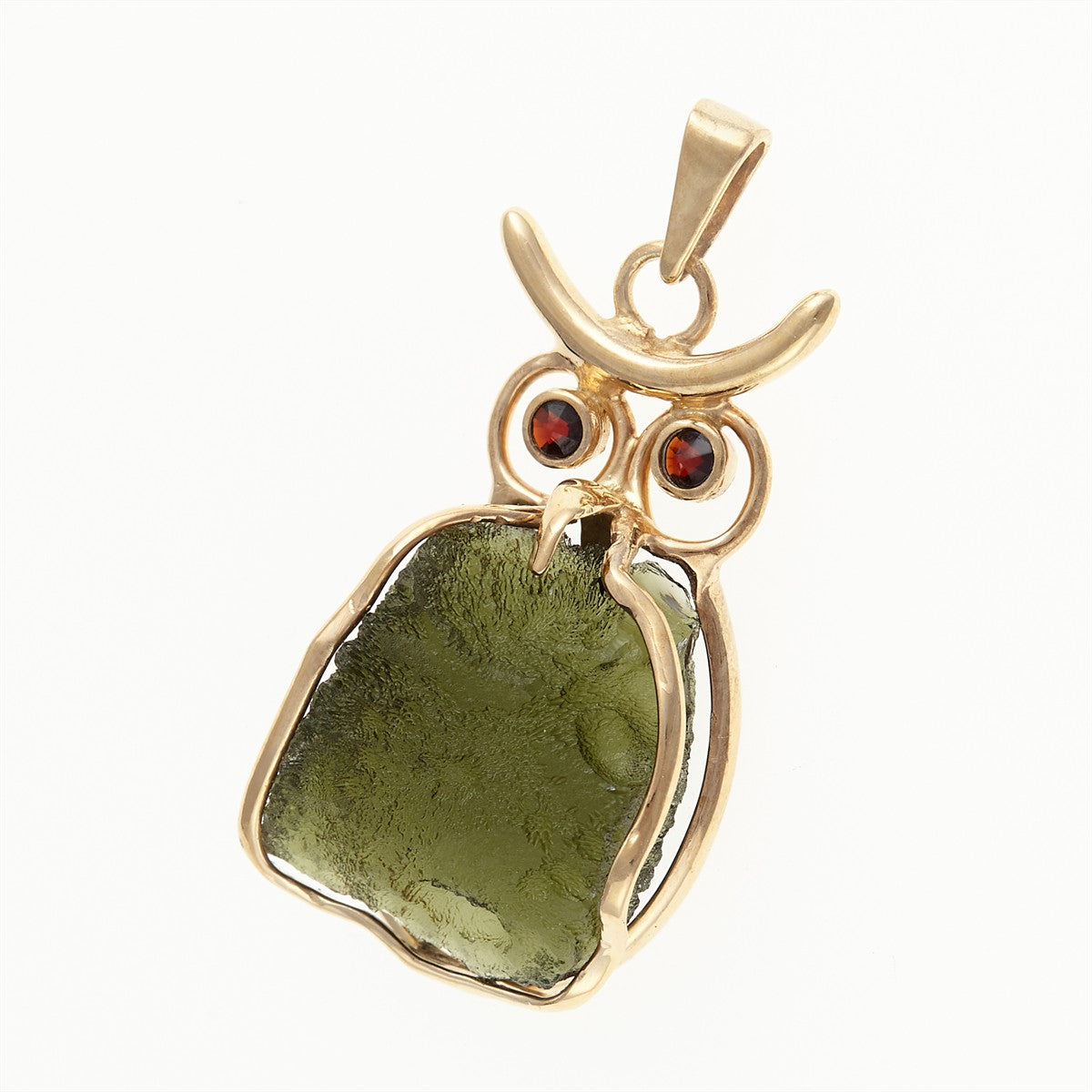 Gilded pendant with a moldavite and garnets - owl MS26-293