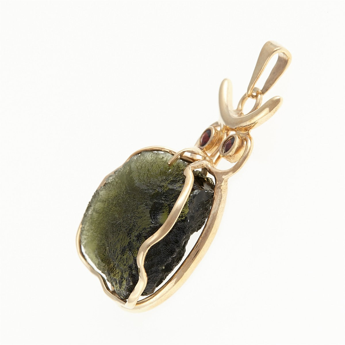 Gilded pendant with a moldavite and garnets - owl MS26-293