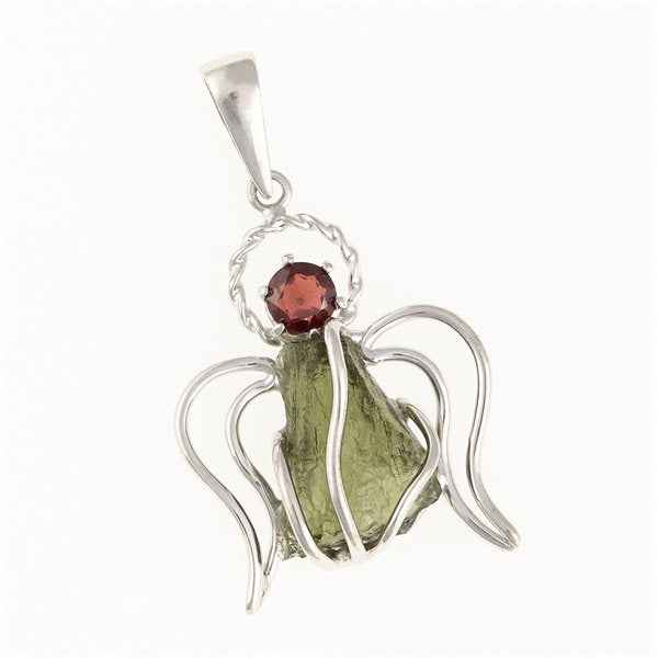 Ciondolo in argento con moldavite e granato - angelo 467