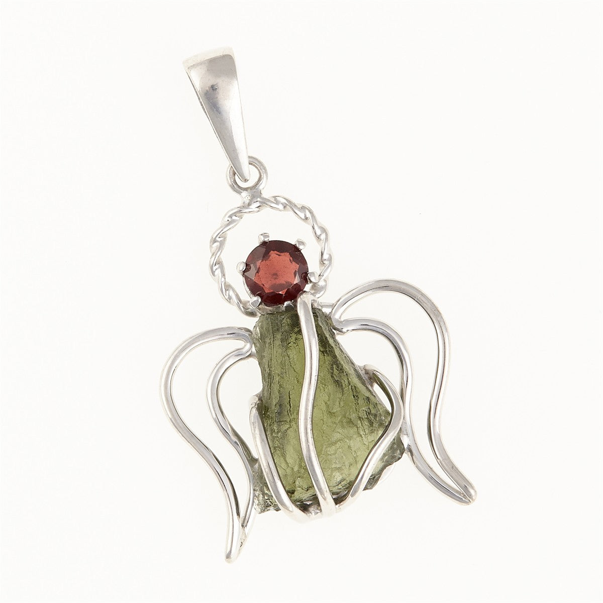 Silver pendant with moldavite and garnet - angel 467