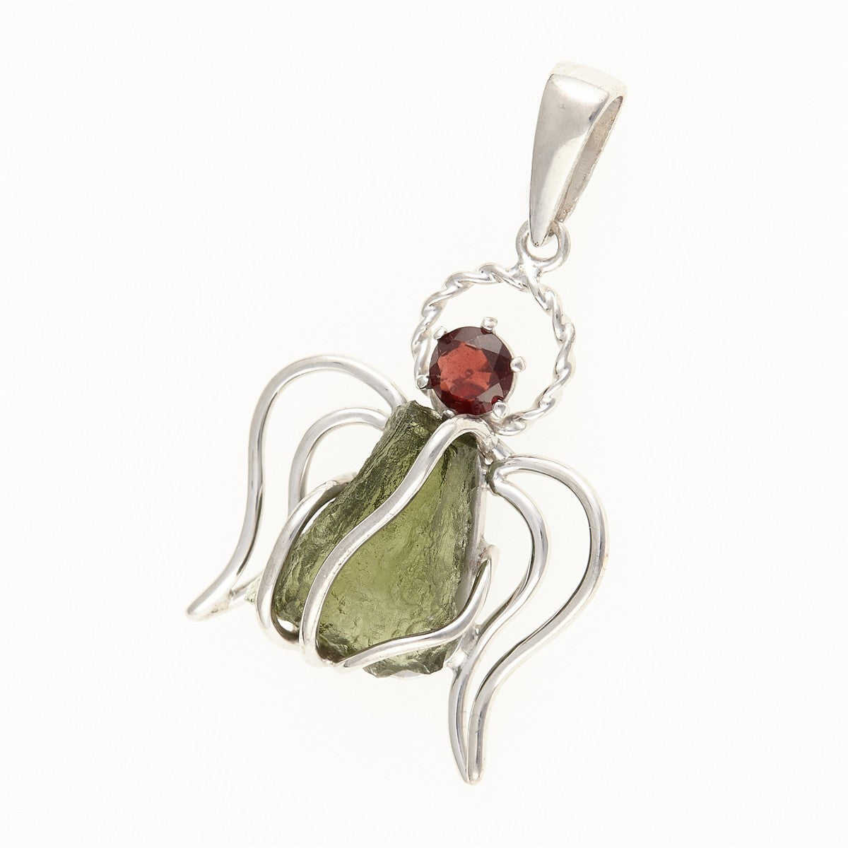 Silver pendant with moldavite and garnet - angel 467