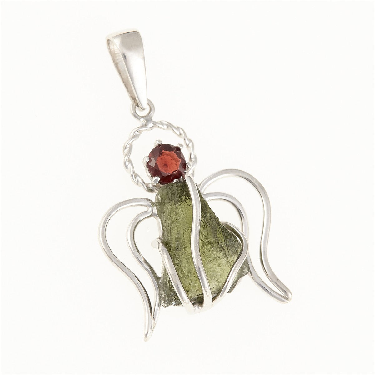 Silver pendant with moldavite and garnet - angel 467