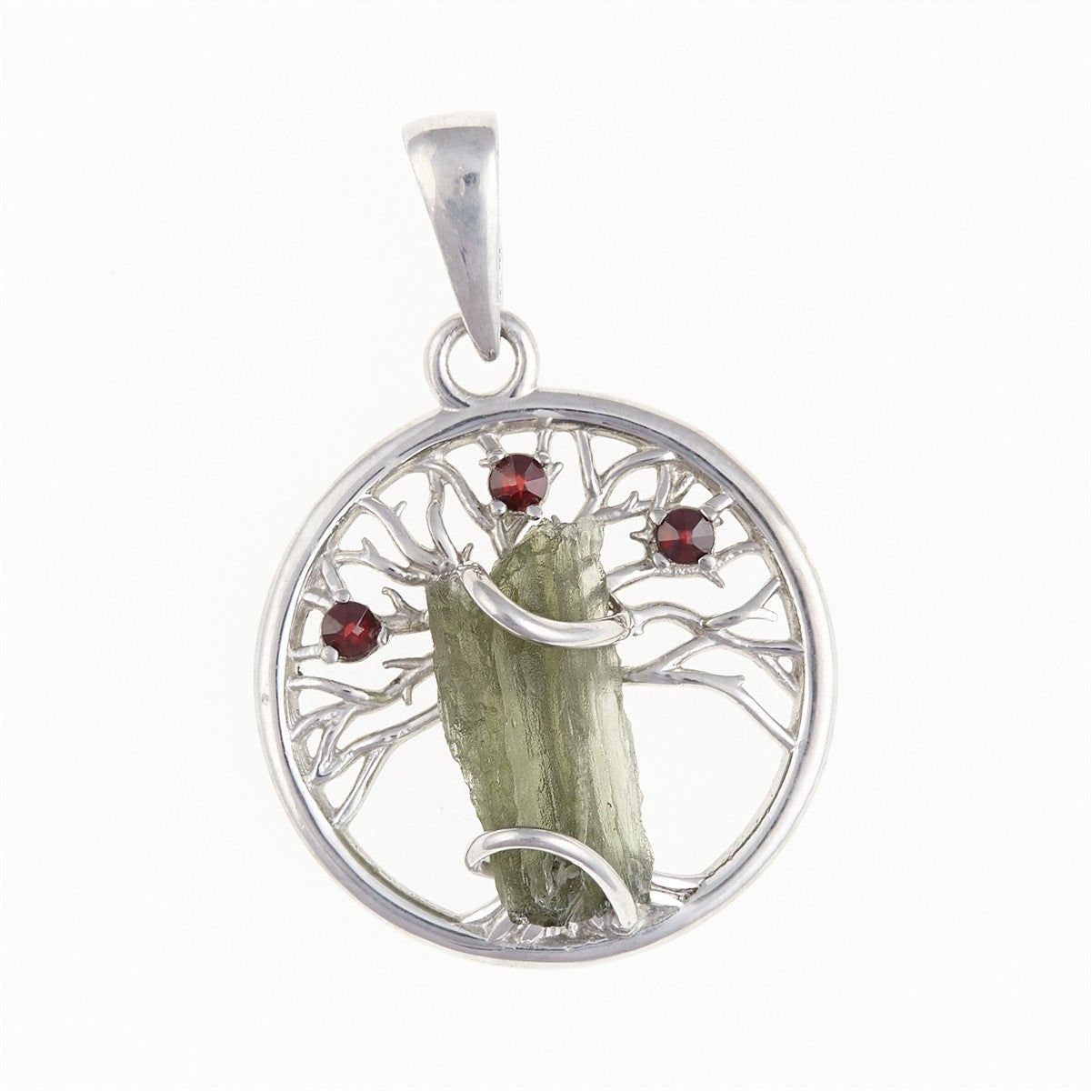 Silver pendant with moldavite and garnets – Tree of life 475