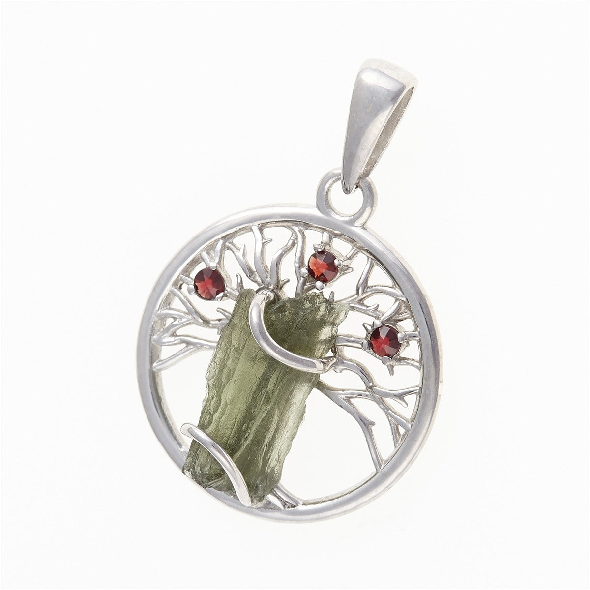 Silver pendant with moldavite and garnets – Tree of life 475