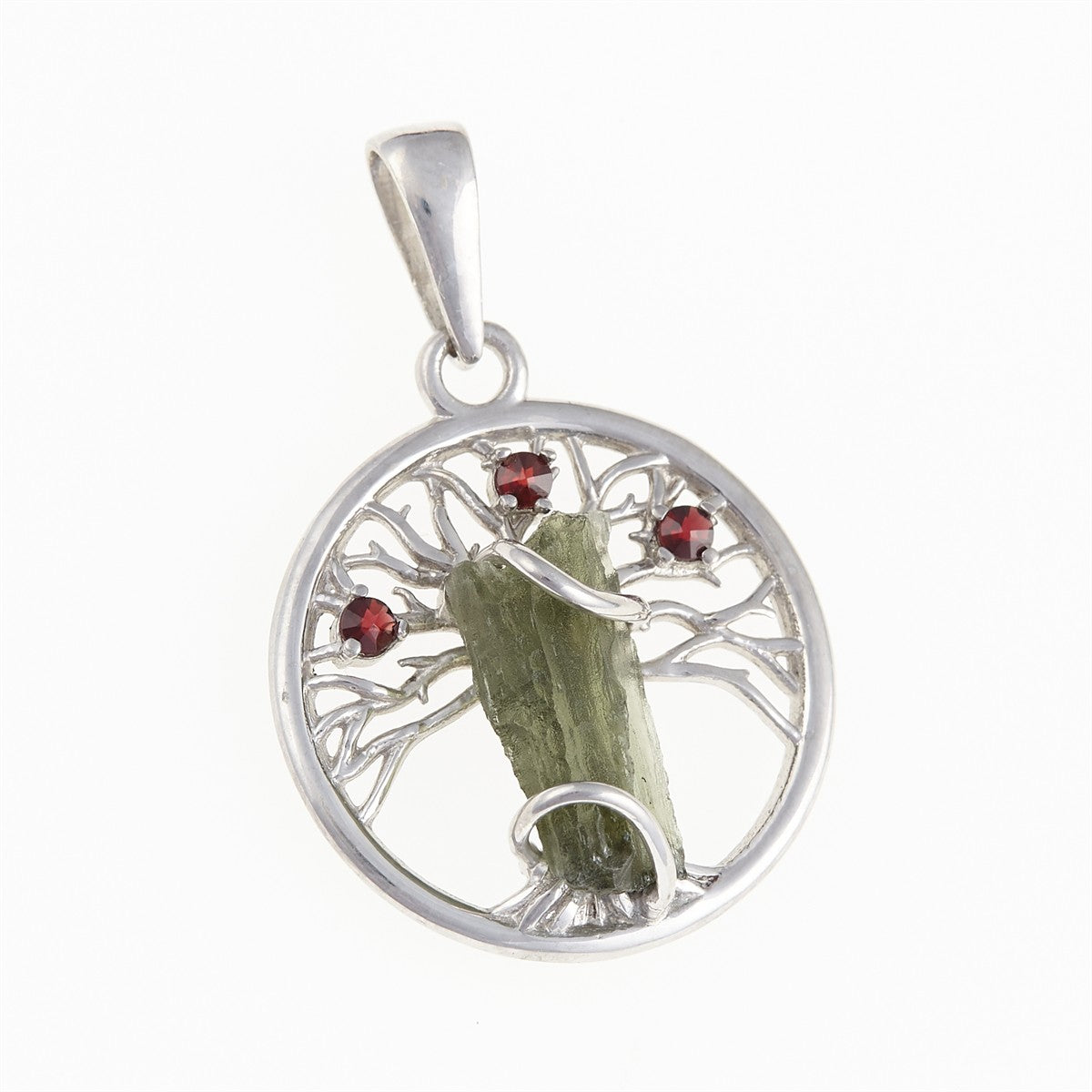 Silver pendant with moldavite and garnets – Tree of life 475