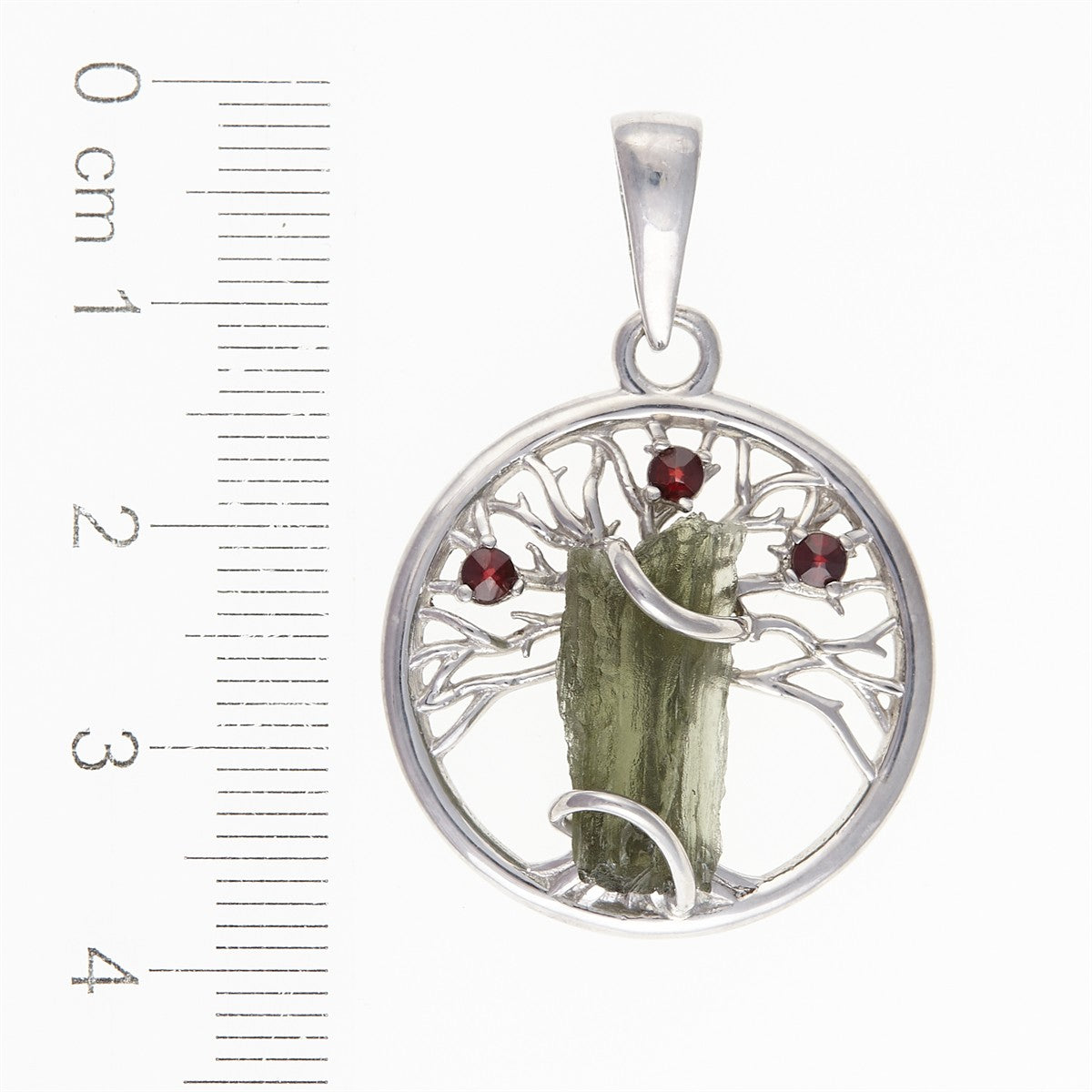 Silver pendant with moldavite and garnets – Tree of life 475