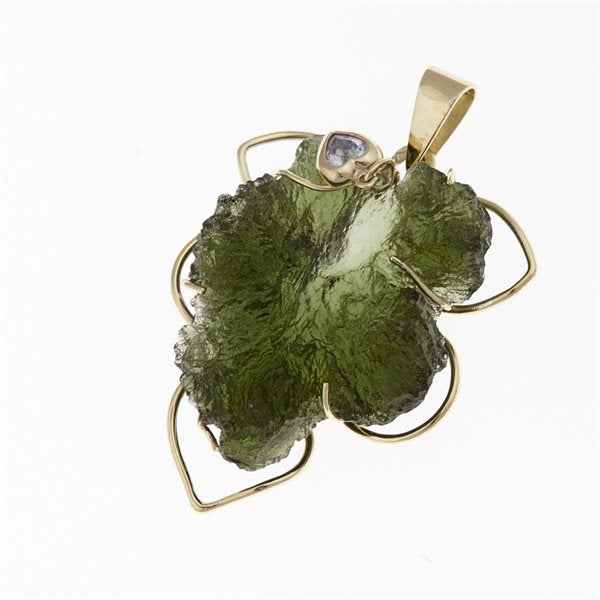 Ciondolo in oro con moldavite e zirconi - foglia 759