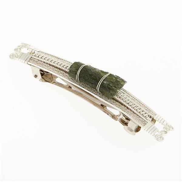 Silver hair clip with natural moldavite 23-35