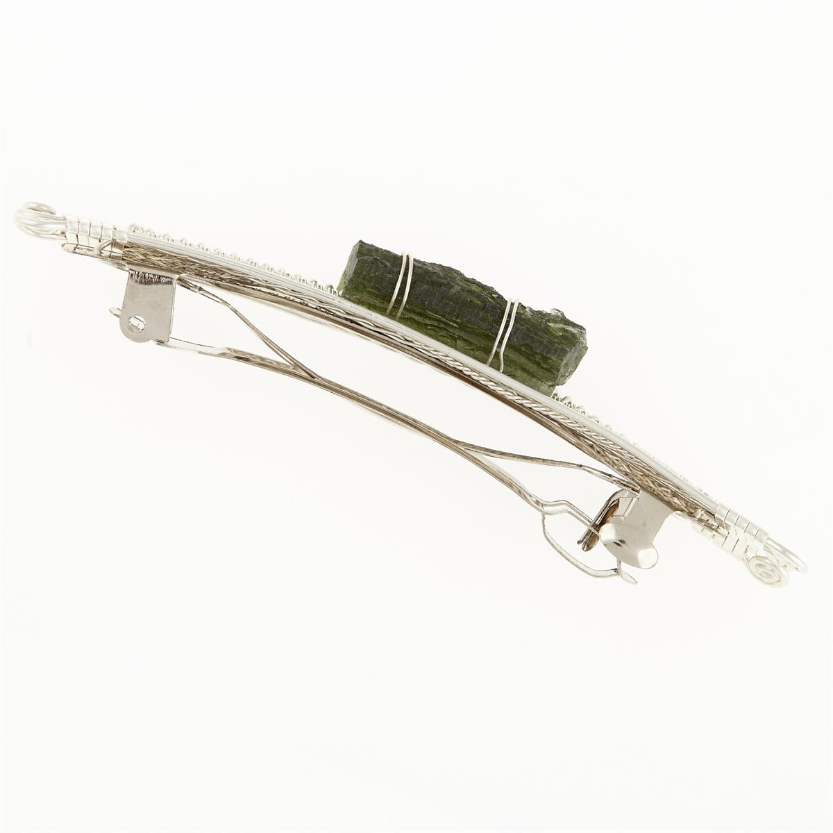 Silver hair clip with natural moldavite 23-35