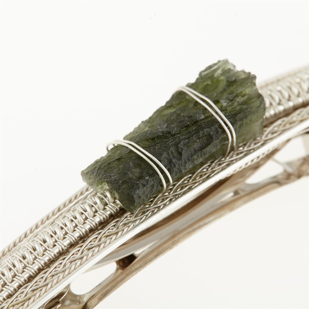 Silver hair clip with natural moldavite 23-35