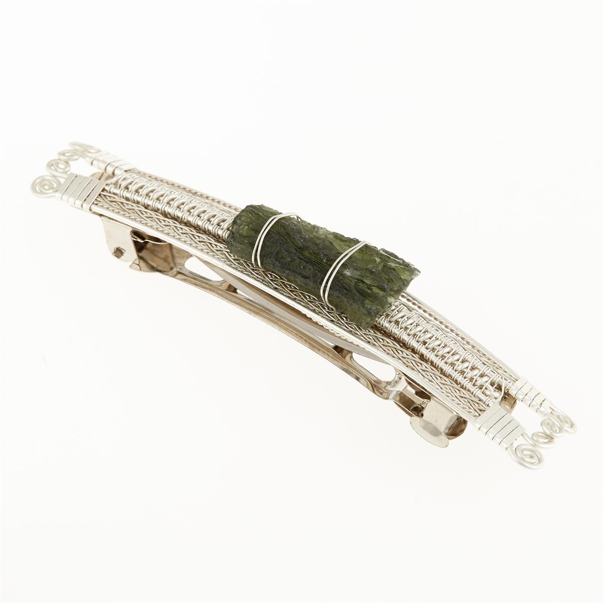 Silver hair clip with natural moldavite 23-35