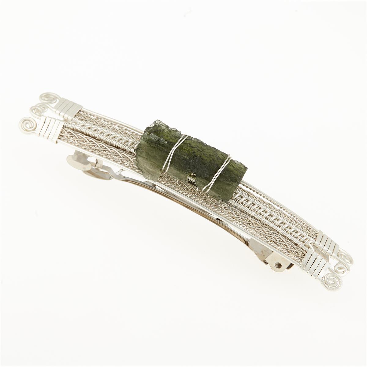 Silver hair clip with natural moldavite 23-35