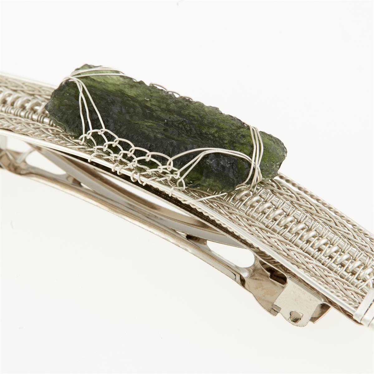Silver hair clip with natural moldavite 9085
