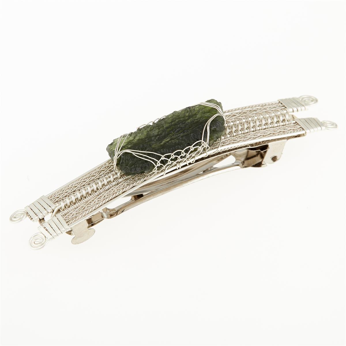 Silver hair clip with natural moldavite 9085