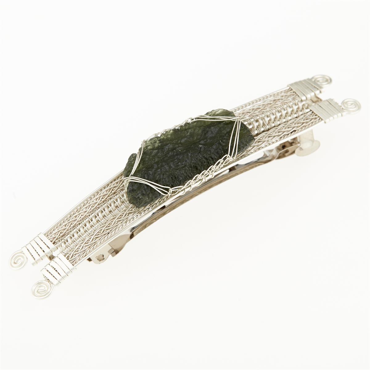 Silver hair clip with natural moldavite 9085