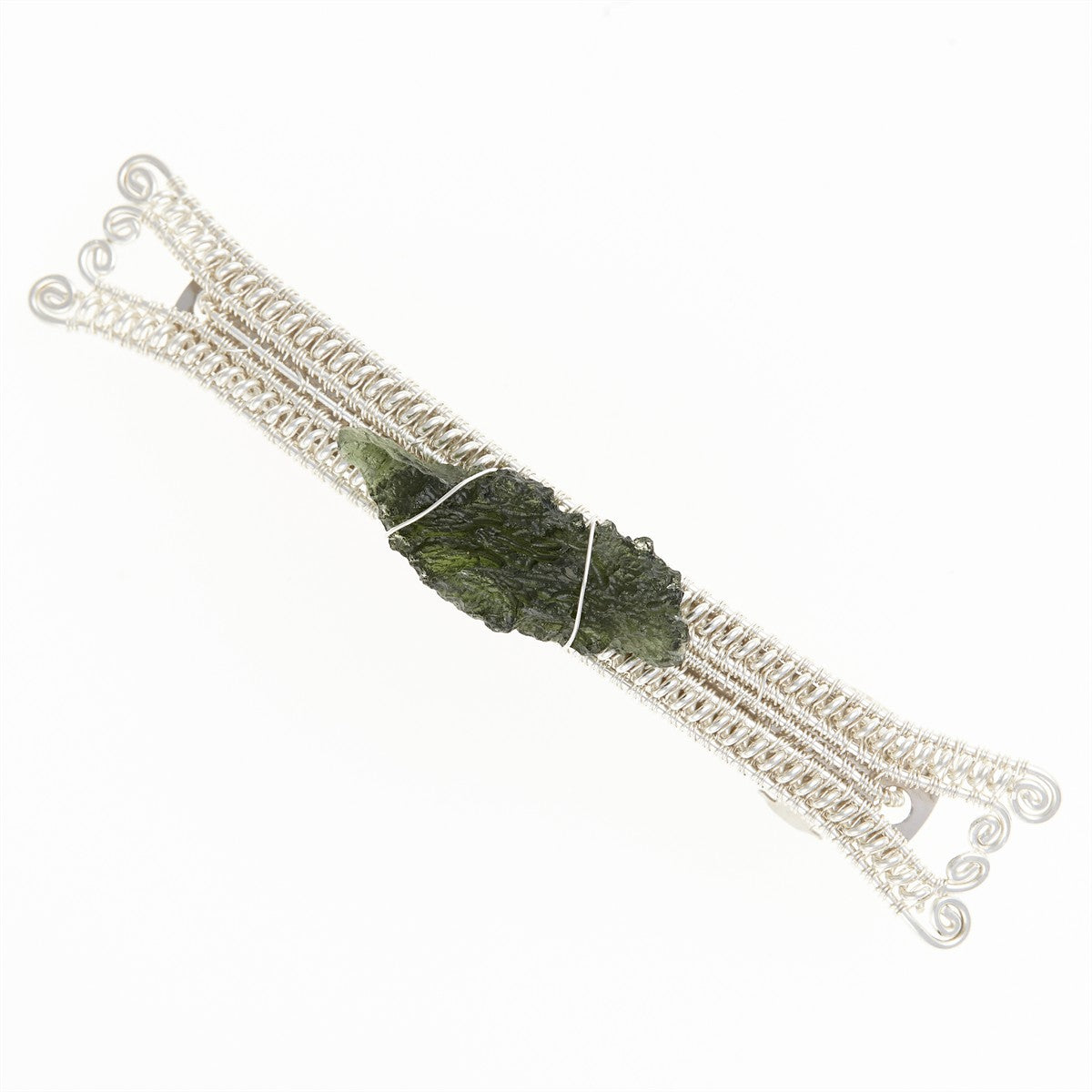 Silver hair clip with natural moldavite 9086